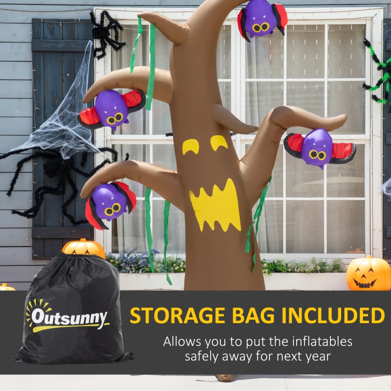 Outsunny 8ft Inflatable Halloween Ghost Tree with Upside-down Bats Showing Teeth Wings, Blow-Up Outdoor LED Display for Lawn, Garden, Party