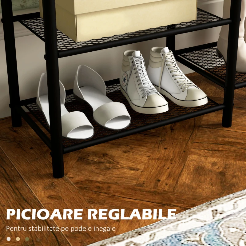 HOMCOM Cuier pentru Haine de Podea cu 6 Carlige din PAL si Otel cu Dulap de Pantofi cu mai multe Rafturi, 92.5x28.2x182 cm, Maro