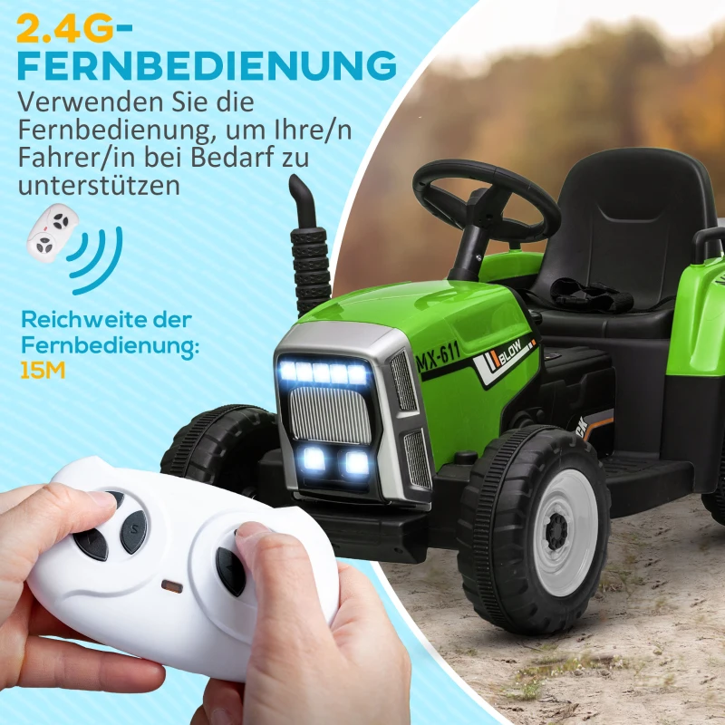 HOMCOM Elektrische kinderauto, kindertractor, inclusief ouderlijke afstandsbediening, maximale snelheid van 6 km/u, groen + zwart(m-5)