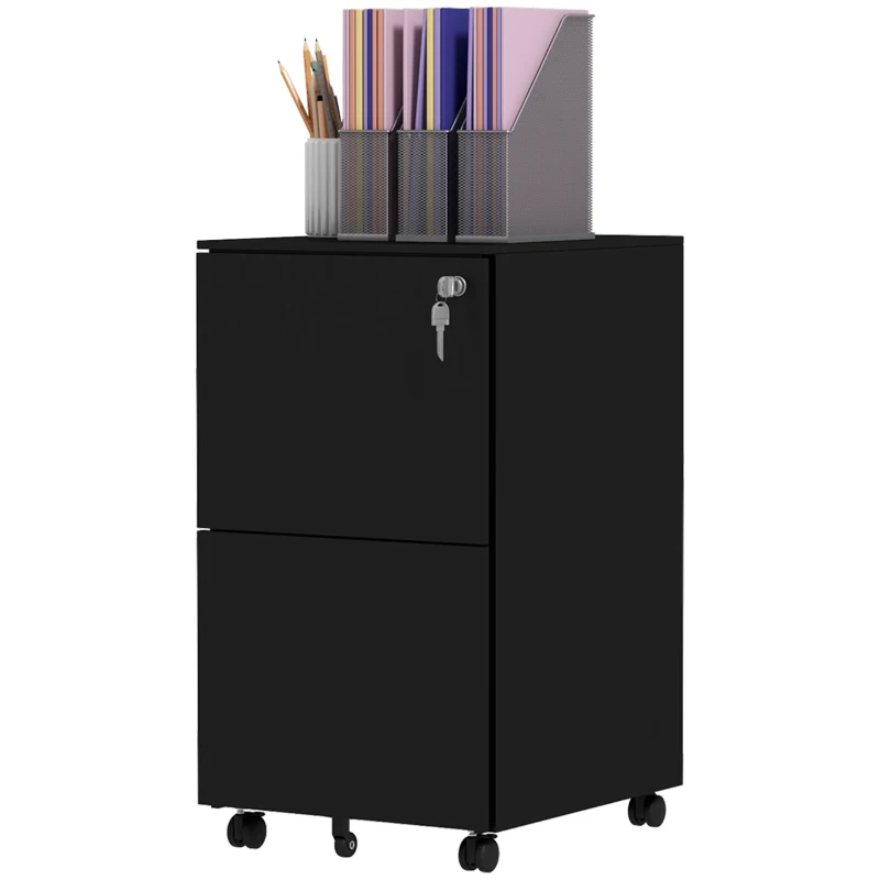 Vinsetto 2-Drawer Vertical Filing Cabinet with Lock and 5 Wheels, Steel Mobile File Cabinet, for A4, Legal and Letter Size, Pre-Assembled Body, Black