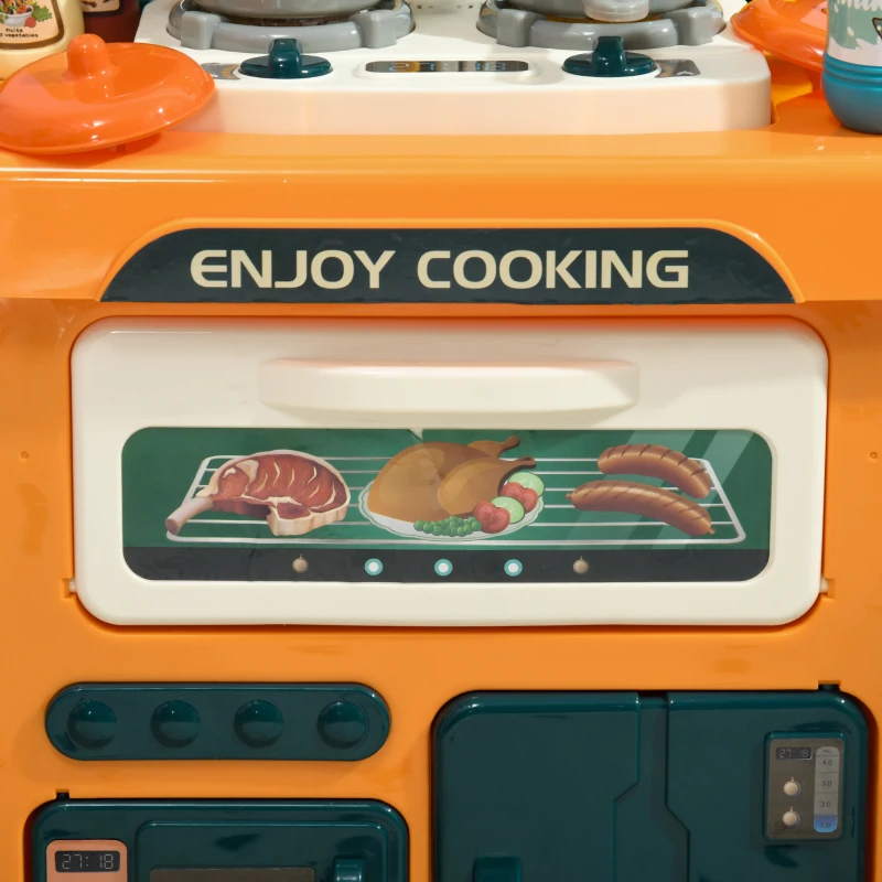 AIYAPLAY Toy Kitchen, 77-Piece Kids Play Kitchen Role Playing Game, with Sound and Light, Water Spray, Running Water