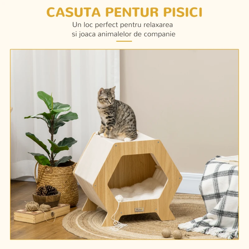 PawHut Casa moderna pentru pisici , pat inaltat pentru pisici, adapost pentru pisici de interior, cu perna moale, instalare usoara, 49,5 x 38,5 x 43,5 cm, stejar