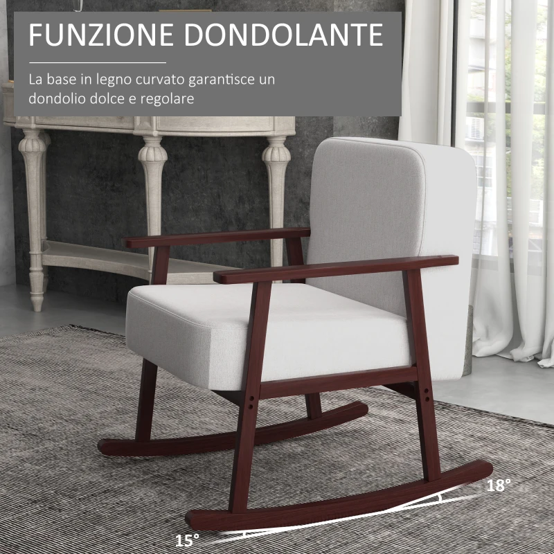 HOMCOM Poltrona a Dondolo in Tessuto Effetto Lino e Legno con Braccioli e Cuscini, 66x78x76 cm, Beige e Marrone
