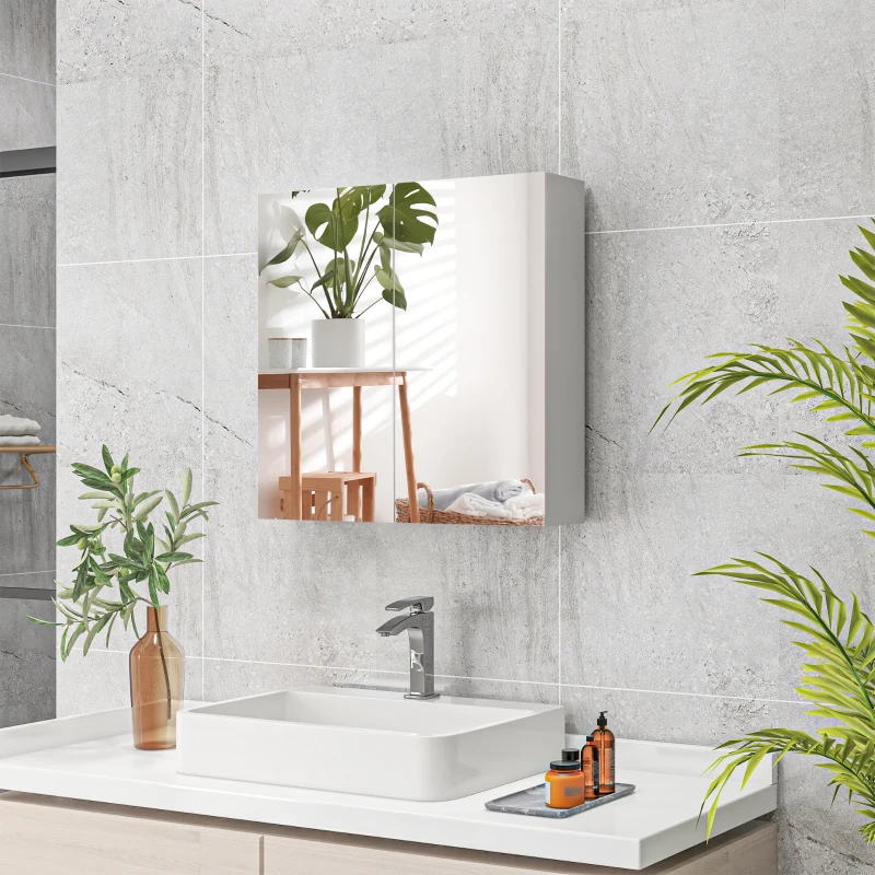 kleankin Bathroom Mirror Cabinet, Wall Mounted Bathroom Storage Cupboard with Adjustable Shelf, 60W x 15D x 60Hcm, High Gloss White