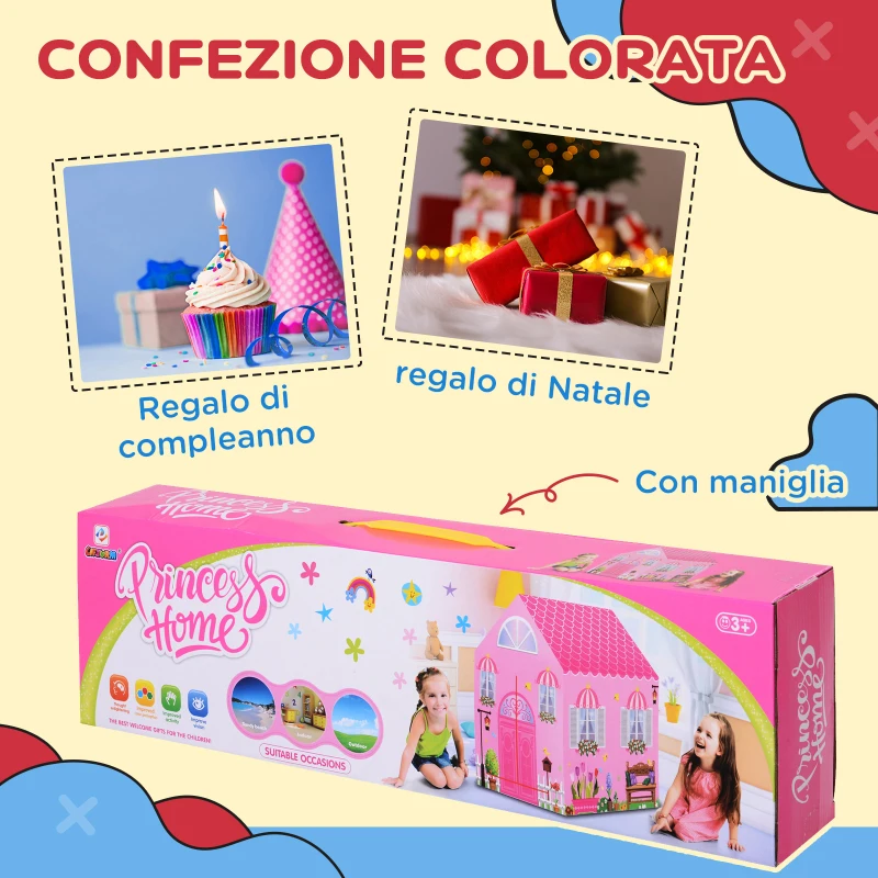 HOMCOM Tenda da Gioco Rosa per Bambina, 3+ Anni (93 x 69 x 103 cm), Idea Regalo, tema Principessa
