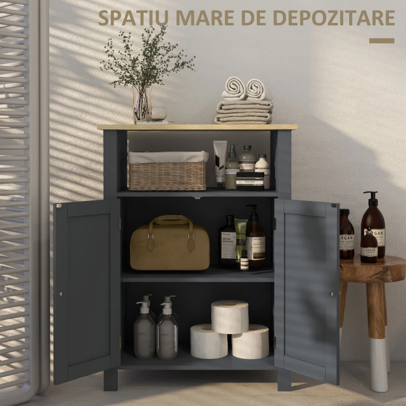 kleankin Dulap de Depozitare de Podea pentru Baie, Dulap de Baie Independent cu Usi Duble si Raft Reglabil, Gri(m-4)