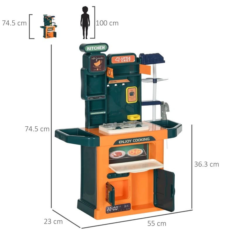 AIYAPLAY Toy Kitchen, 77-Piece Kids Play Kitchen Role Playing Game, with Sound and Light, Water Spray, Running Water