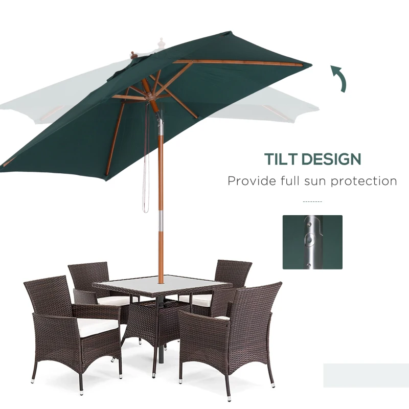 Outsunny 2m x 1.5m Garden Parasol Umbrella with Tilting Sunshade Canopy, Outdoor Market Table Umbrella with Wood and Bamboo Frame, Green