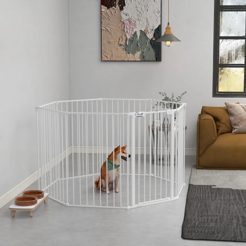 PawHut 2 in 1 8 Panels Dog Pen, Safety Gate, with Lockable Door, for Medium Dogs - White