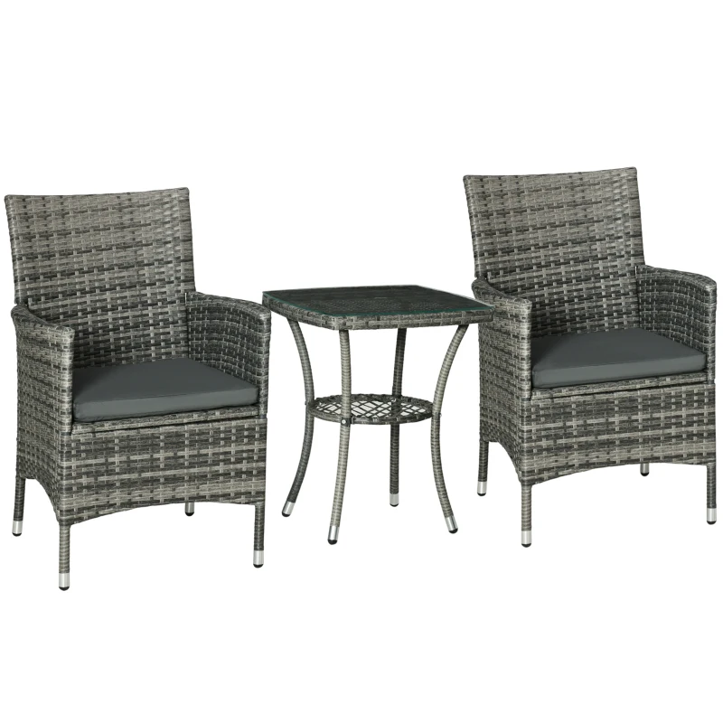 Outsunny 3 Pieces Rattan Bistro Set, Wicker Garden Furniture Set with 2-Tier Coffee Table and Chairs, Washable Cushions, for Outdoor Patio Balcony, Mixed Grey