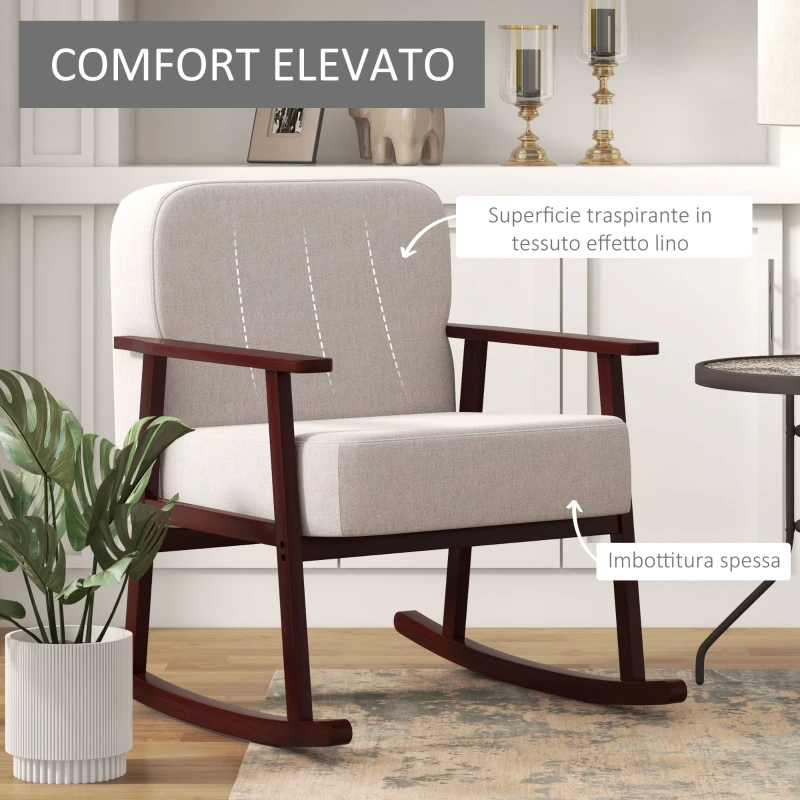 HOMCOM Poltrona a Dondolo in Tessuto Effetto Lino e Legno con Braccioli e Cuscini, 66x78x76 cm, Beige e Marrone