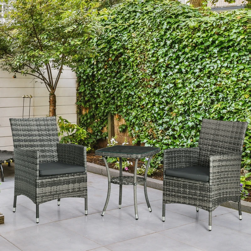 Outsunny 3 Pieces Rattan Bistro Set, Wicker Garden Furniture Set with 2-Tier Coffee Table and Chairs, Washable Cushions, for Outdoor Patio Balcony, Mixed Grey