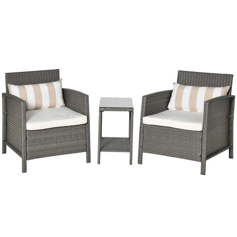 Outsunny 3 Pieces Rattan Bistro Set, Wicker Garden Furniture Set, Glass Top 2-tier Coffee Table and Chairs Set with Pillows and Washable Cushions for Outdoor, Patio, Balcony, Light Grey