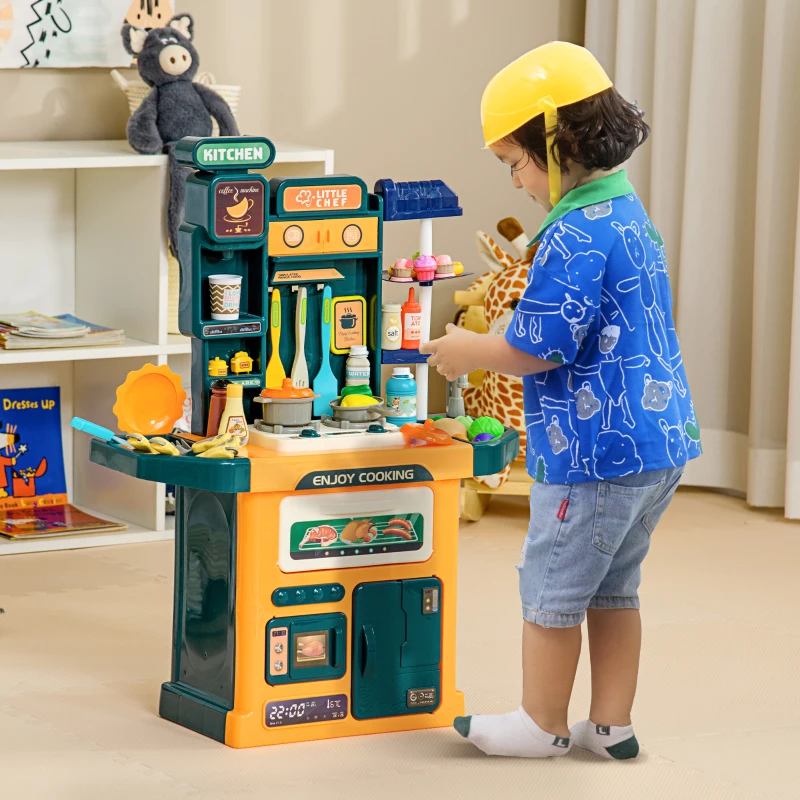 AIYAPLAY Toy Kitchen, 77-Piece Kids Play Kitchen Role Playing Game, with Sound and Light, Water Spray, Running Water