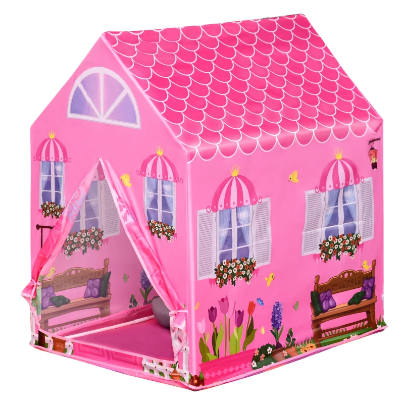 HOMCOM Tente Enfant Tente de Jeu Tente Chateau de Princesse dim. 93L x 69l x 103H cm 2 Portes Polyester Rose