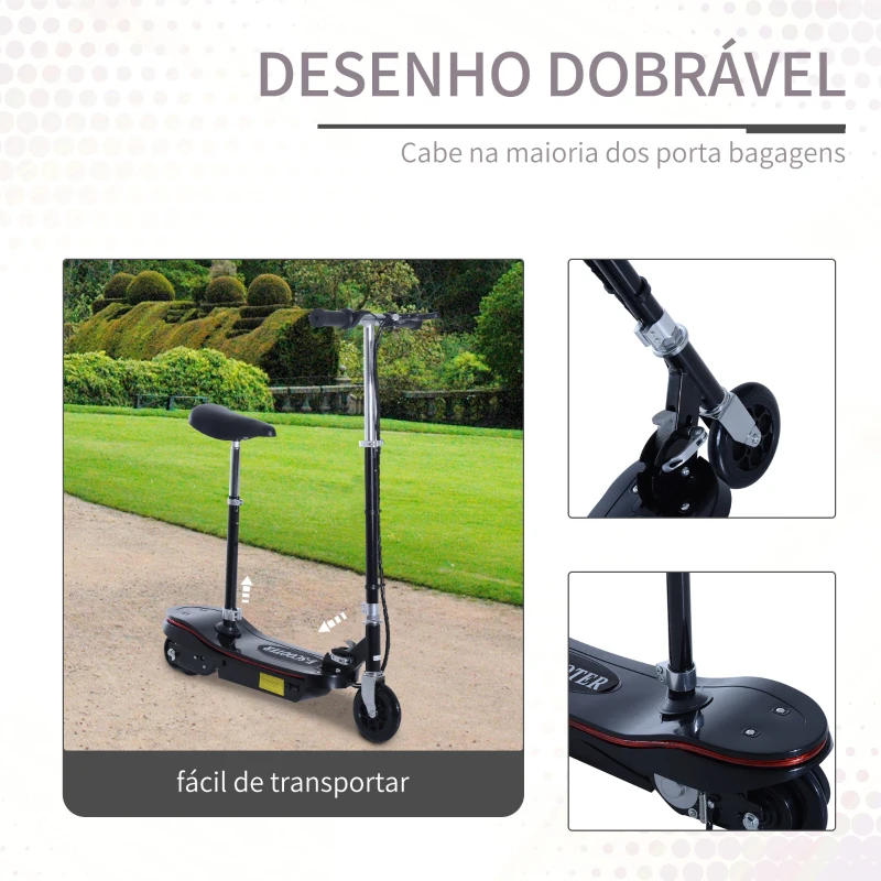 HOMCOM Trotinete Elétrica Dobrável para Crianças e Adolecentes acima de 7 Anos com Luz LED Guiador com Altura Ajustável e Assento Opcional Carga Máxima 50kg 76x38x80-96cm Preto