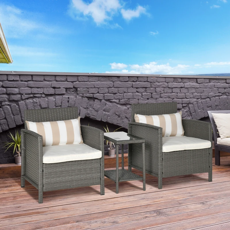 Outsunny 3 Pieces Rattan Bistro Set, Wicker Garden Furniture Set, Glass Top 2-tier Coffee Table and Chairs Set with Pillows and Washable Cushions for Outdoor, Patio, Balcony, Light Grey