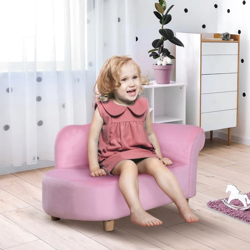 HOMCOM Divano per Bambini Imbottito con Rivestimento Morbido e Piedini in Legno, 80x40x49cm, Rosa