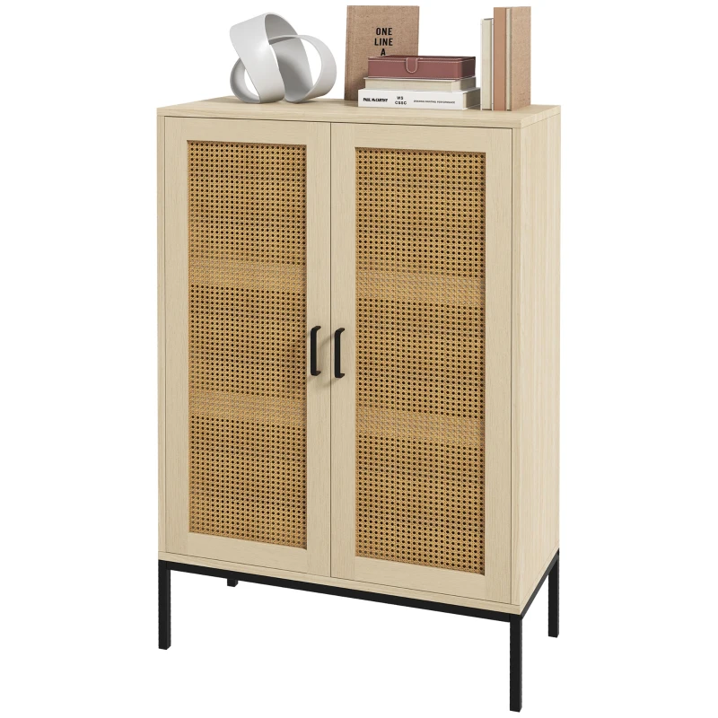 HOMCOM Sideboard im Boho-Stil, Wienergeflechtoptik, Kommode, Natur + Schwarz