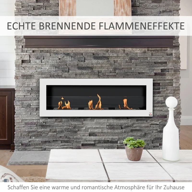 HOMCOM ethanolhaard bio-ethanolbrander 3 verbrandingskamers van 1 l 3 uur. Brandduur 2000 W geen rook wandmontage staal gehard glas wit 120 x 15 x 40 cm(m-6)