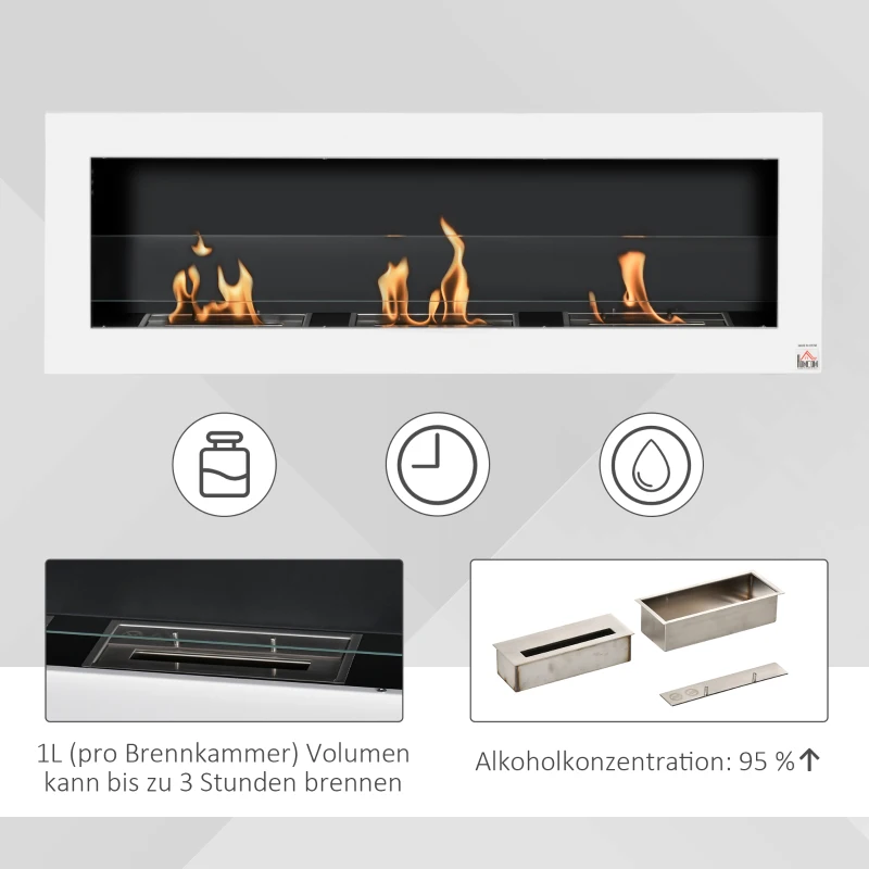 HOMCOM ethanolhaard bio-ethanolbrander 3 verbrandingskamers van 1 l 3 uur. Brandduur 2000 W geen rook wandmontage staal gehard glas wit 120 x 15 x 40 cm(m-5)