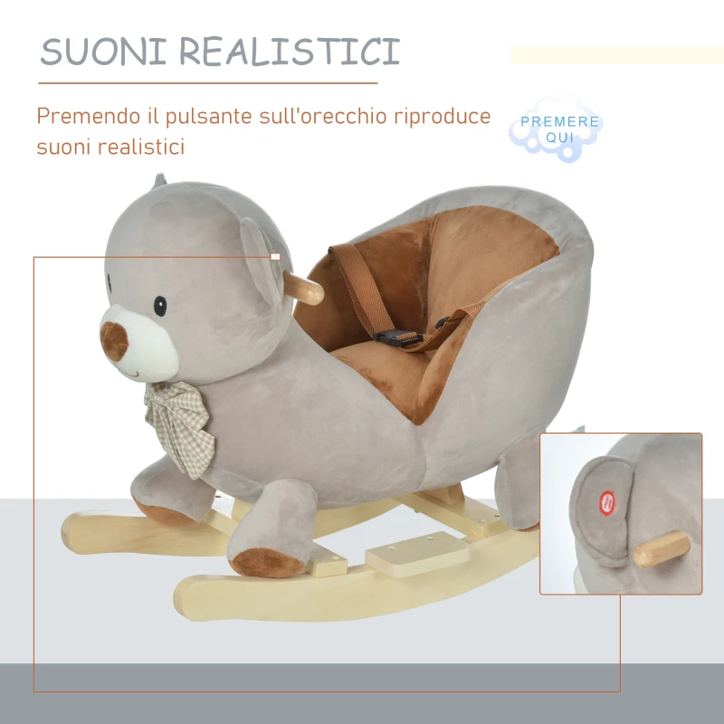 HOMCOM Cavallo a Dondolo a Forma di Orso con Suoni, Cavalluccio a Dondolo per Bambini 18-36 mesi Interattivo, Grigio, 60x33x50cm