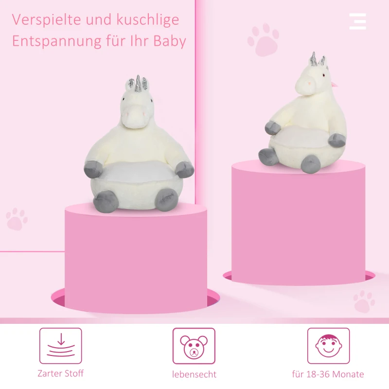 HOMCOM Plüsch-Kindersessel Plüschtier Kinderstuhl Sofa Einhorn für Spielzimmer Kinderzimmer von 18 bis 36 Monaten Weiß 59 x 50 x 68 cm
