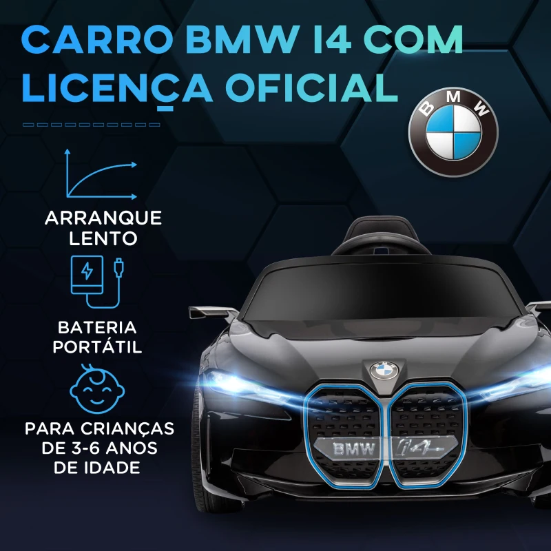 HOMCOM Carro Elétrico para Crianças BMW i4 12V com Controlo Remoto Música MP3 Ecrã Luzes e Cinto de Segurança 115x67x45 cm Preto