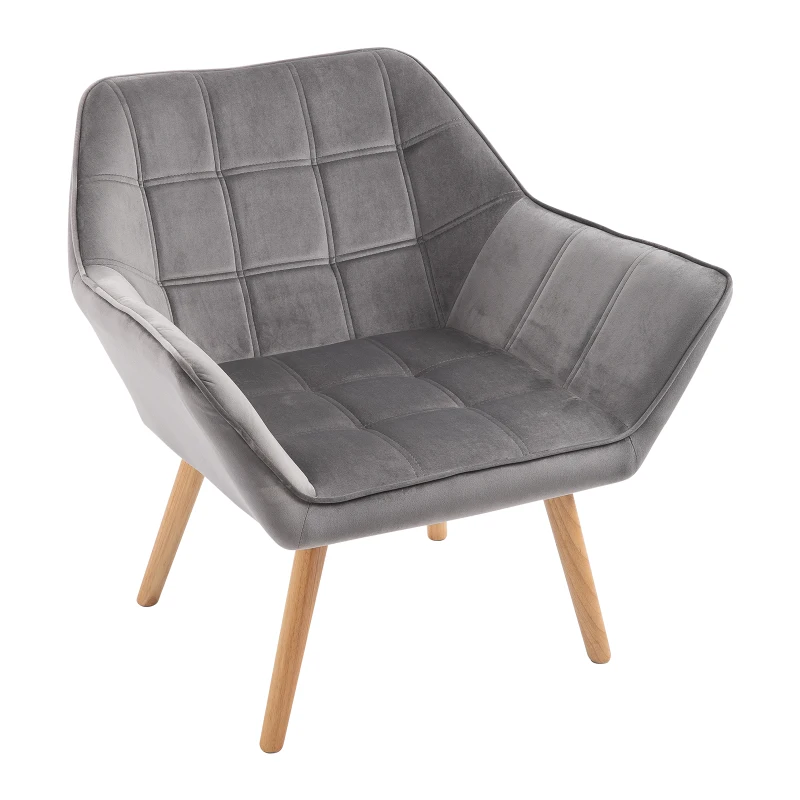 HOMCOM Accent Chair, Arm Chair with Wide Arms, Slanted Back, Thick Padding and Rubber Wooden Legs for Living Room Grey