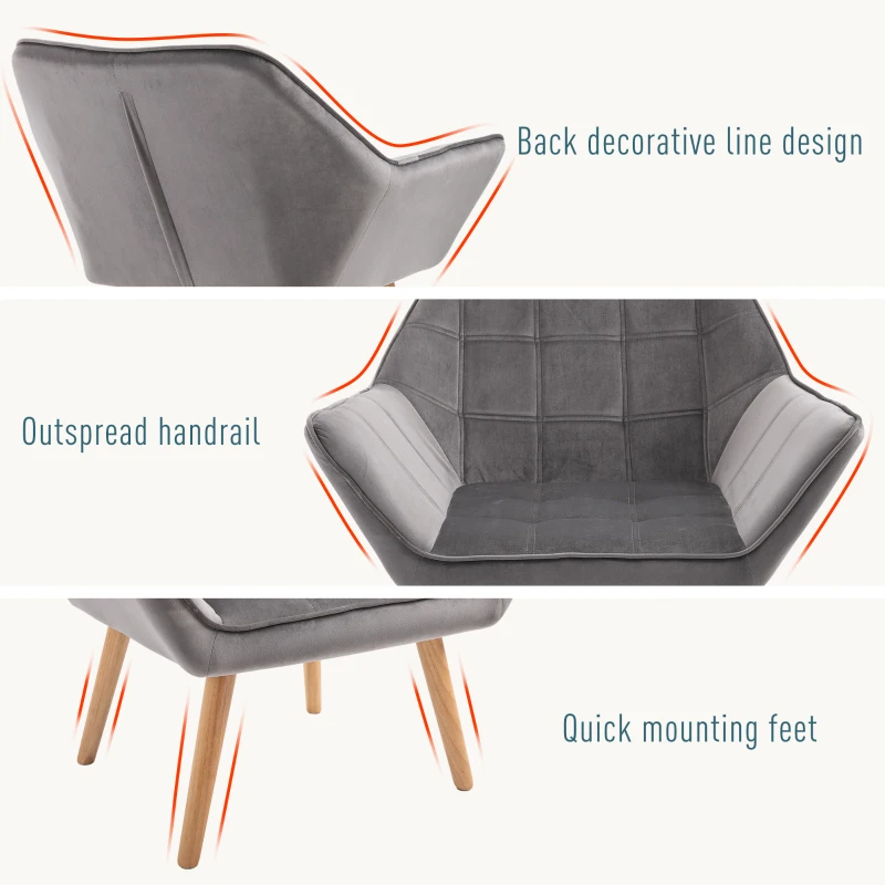 HOMCOM Accent Chair, Arm Chair with Wide Arms, Slanted Back, Thick Padding and Rubber Wooden Legs for Living Room Grey