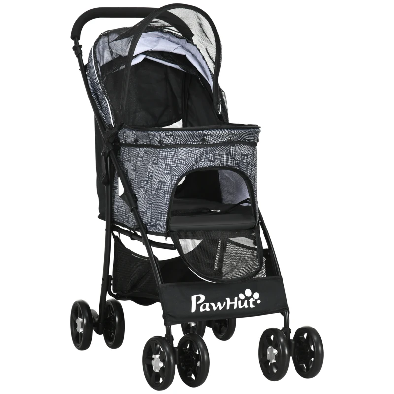 PawHut Hundebuggy Hundewagen bis 10kg klappbar verstellbares Vordach Bodenkorb Kissen Seitentasche 81 cm x 48 cm x 99 cm Grau