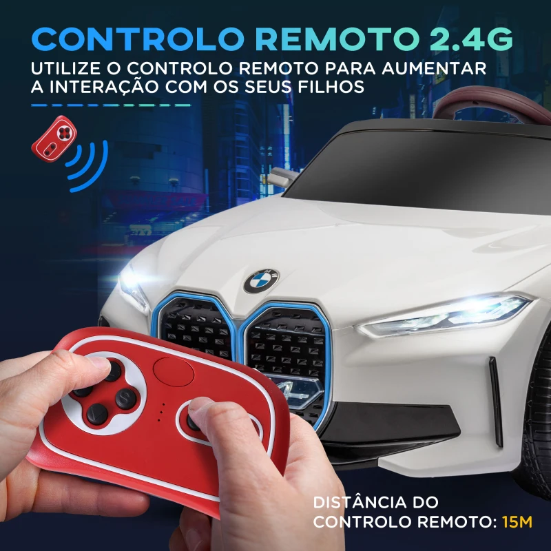HOMCOM Carro Elétrico para Crianças BMW i4 12V com Controlo Remoto Música MP3 Ecrã Luzes e Cinto de Segurança 115x67x45 cm Branco