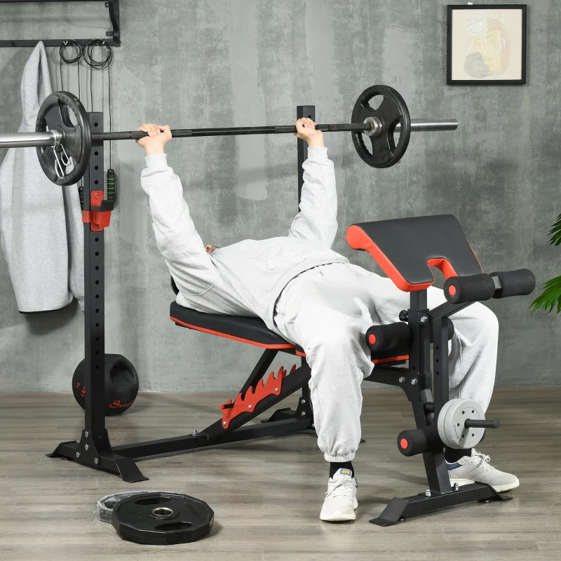 SPORTNOW Banco de Musculação Multifuncional Banco de Pesos com Encosto Reclinável e Suporte de Barras Ajustável 180x110x126 cm Preto