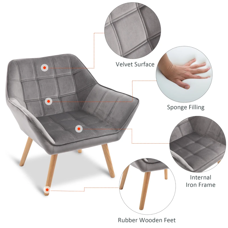 HOMCOM Accent Chair, Arm Chair with Wide Arms, Slanted Back, Thick Padding and Rubber Wooden Legs for Living Room Grey