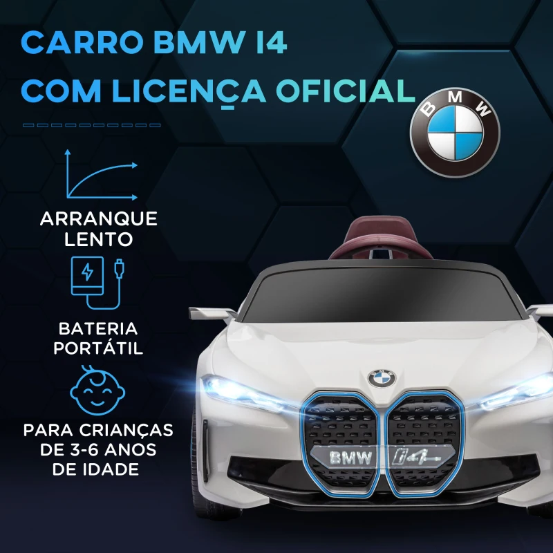 HOMCOM Carro Elétrico para Crianças BMW i4 12V com Controlo Remoto Música MP3 Ecrã Luzes e Cinto de Segurança 115x67x45 cm Branco
