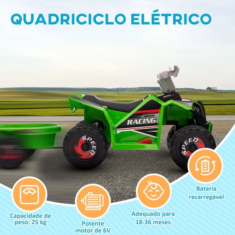HOMCOM Quadriciclo Elétrico para Crianças com Reboque Bateria 6V de 18-36 Meses com Velocidade 2,5 km/h 106x41,5x48,5 cm Verde