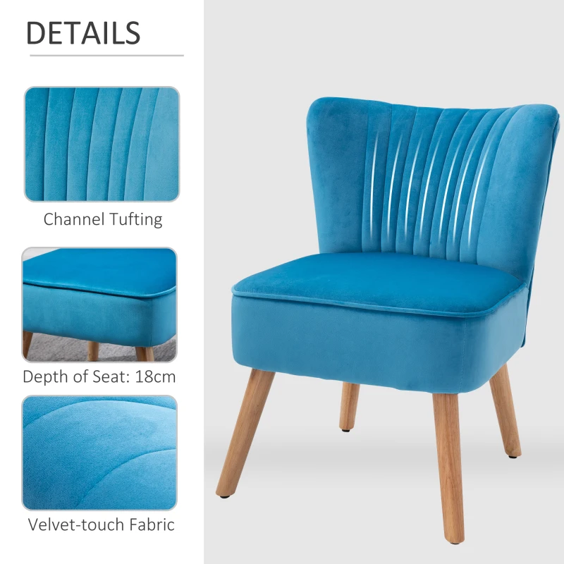HOMCOM Velvet Accent Chair Occasional Tub Seat Padding Curved Back with Wood Frame Legs Home Furniture Blue