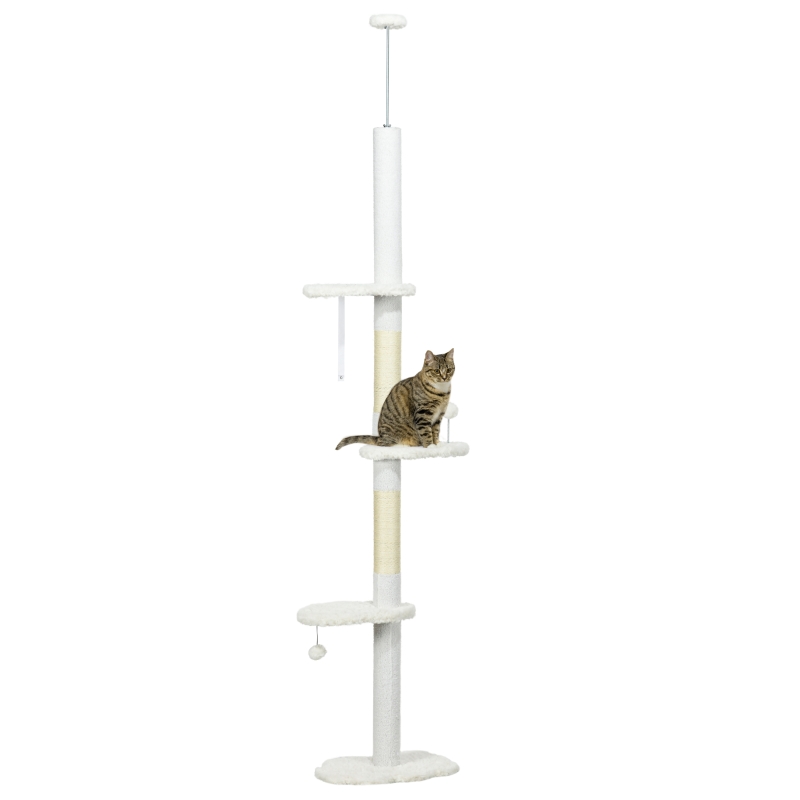 PawHut Floor-to-Ceiling Scratching Post, Adjustable Height 2.25-2.55 m, Seating Platforms, Anti-Tip Device, Play Balls, White
