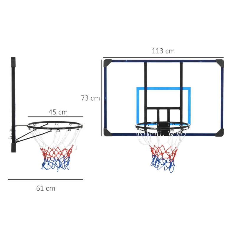 SPORTNOW basketbalhoepel, universele wandhouder, scheurbestendig net, roestvrijstalen frame, 113 x 61 x 73 cm