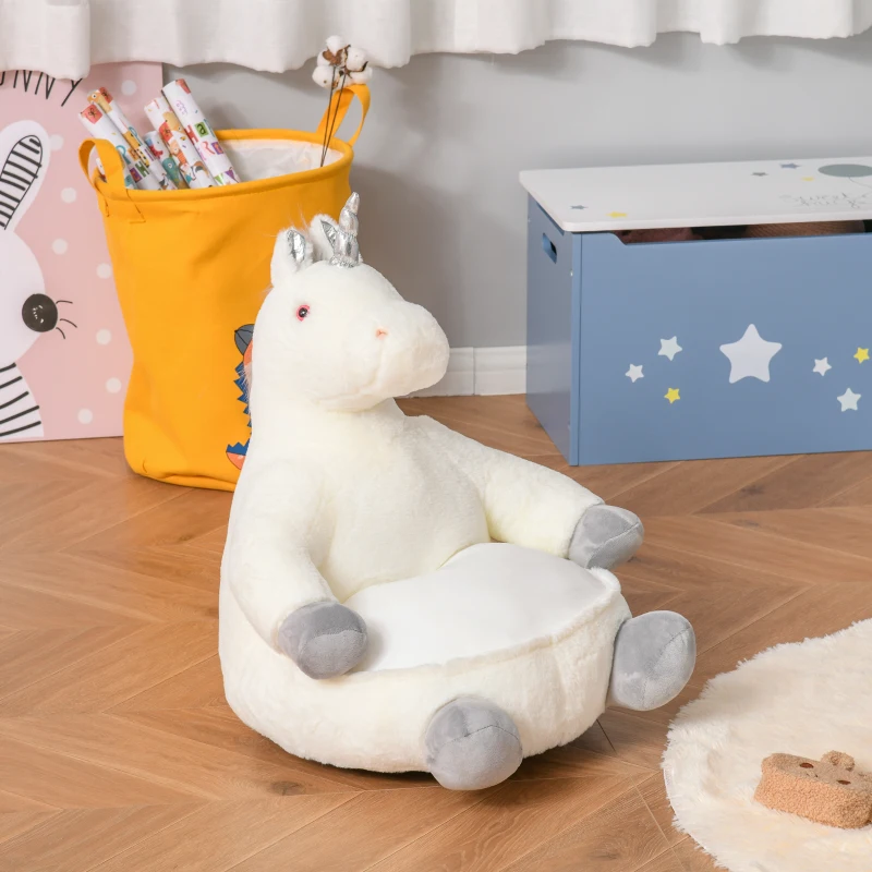 HOMCOM Plüsch-Kindersessel Plüschtier Kinderstuhl Sofa Einhorn für Spielzimmer Kinderzimmer von 18 bis 36 Monaten Weiß 59 x 50 x 68 cm
