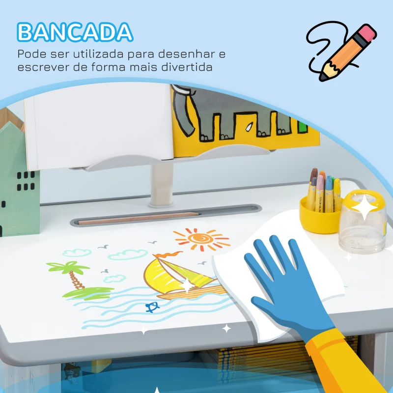 HOMCOM Conjunto de Secretária e Cadeira para Crianças com Altura Ajustável 1 Gaveta e 1 Prateleira para Livros 60x45x90-120 cm Cinza