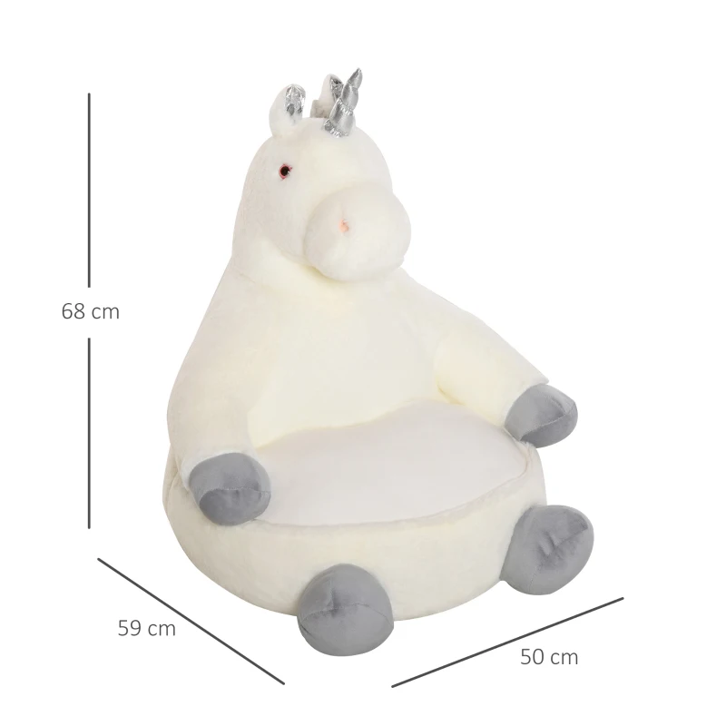 HOMCOM Plüsch-Kindersessel Plüschtier Kinderstuhl Sofa Einhorn für Spielzimmer Kinderzimmer von 18 bis 36 Monaten Weiß 59 x 50 x 68 cm