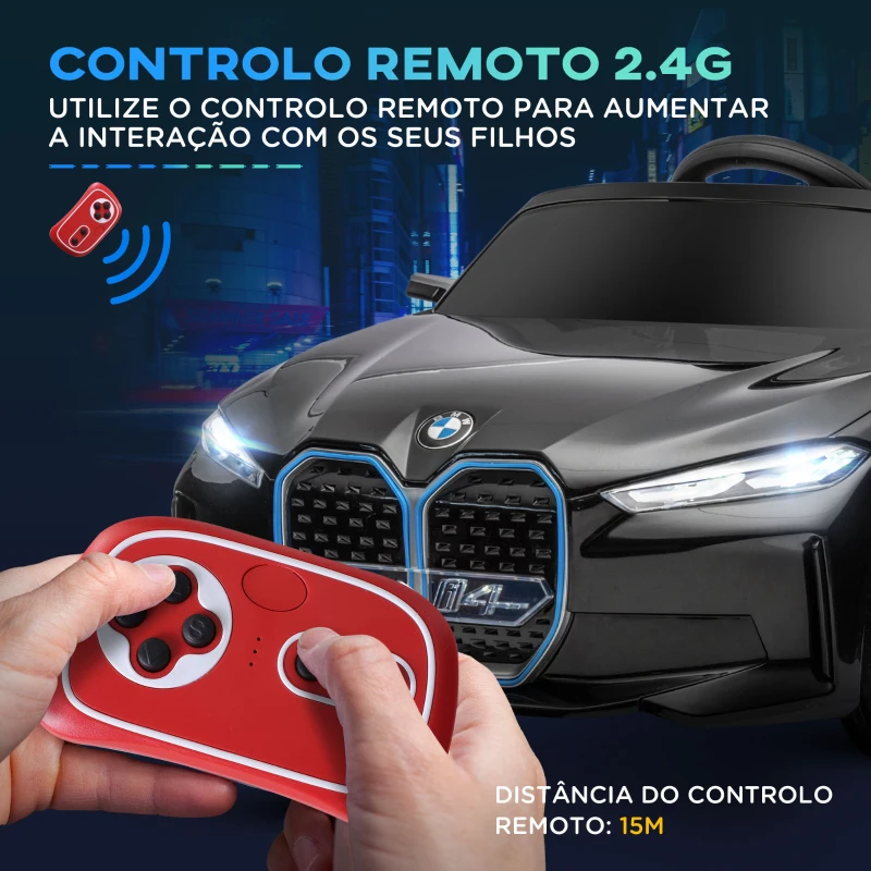 HOMCOM Carro Elétrico para Crianças BMW i4 12V com Controlo Remoto Música MP3 Ecrã Luzes e Cinto de Segurança 115x67x45 cm Preto