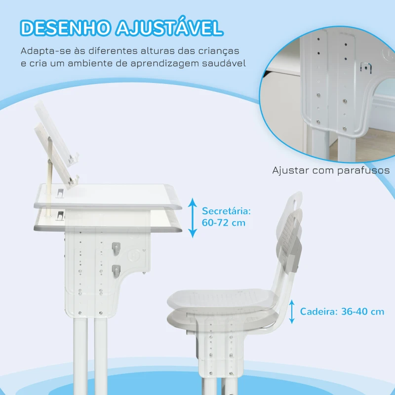 HOMCOM Conjunto de Secretária e Cadeira para Crianças com Altura Ajustável 1 Gaveta e 1 Prateleira para Livros 60x45x90-120 cm Cinza