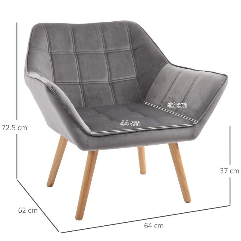 HOMCOM Accent Chair, Arm Chair with Wide Arms, Slanted Back, Thick Padding and Rubber Wooden Legs for Living Room Grey