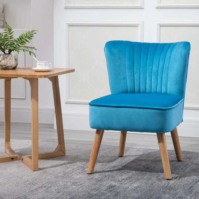 HOMCOM Velvet Accent Chair Occasional Tub Seat Padding Curved Back with Wood Frame Legs Home Furniture Blue