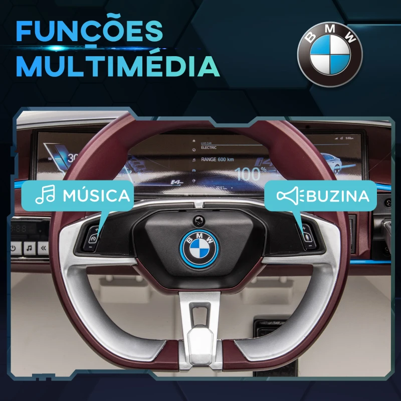 HOMCOM Carro Elétrico para Crianças BMW i4 12V com Controlo Remoto Música MP3 Ecrã Luzes e Cinto de Segurança 115x67x45 cm Branco