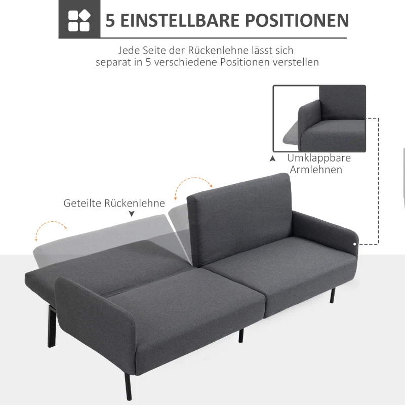 HOMCOM Schlafsofa Klappsofa 3-Sitzer Stoffsofa Bettsofa Sofa mit Schlaffunktion Sofagarnitur Leinen-Touch Stahl Grau 214 x 94 x 81 cm