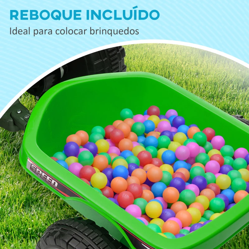 HOMCOM Quadriciclo Elétrico para Crianças com Reboque Bateria 6V de 18-36 Meses com Velocidade 2,5 km/h 106x41,5x48,5 cm Verde
