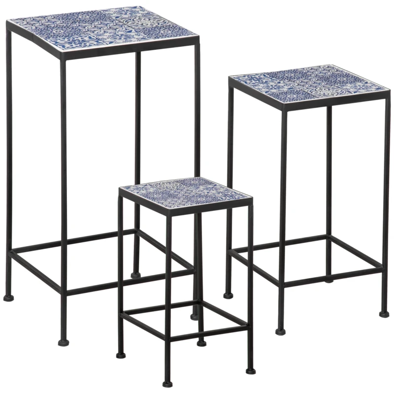 Outsunny Soportes para Plantas de Metal 3 Piezas Apilables Estantes Porta Macetas con Encimera de Azulejo Decorativa para Interiores y Exteriores 31,5x31,5x60,5 cm Azul y Negro